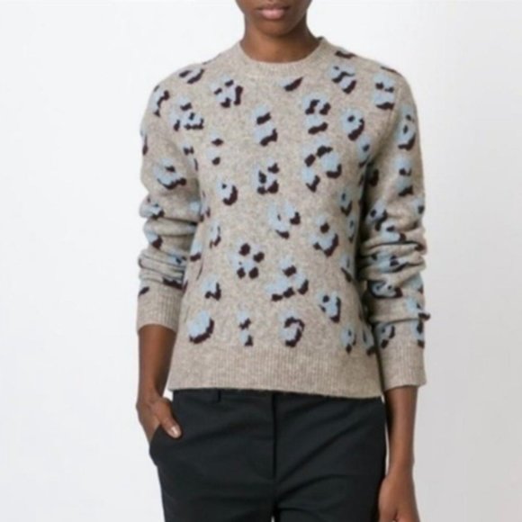 3.1 PHILLIP LIM Leopard Jacquard Pullover Crewneck Wool Blend Sweater XS Oatmeal - Picture 2 of 9